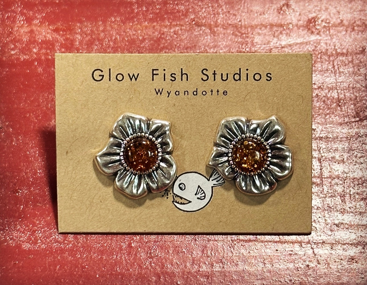 Amber Flower Sterling Silver Earrings Glow Fish Studios