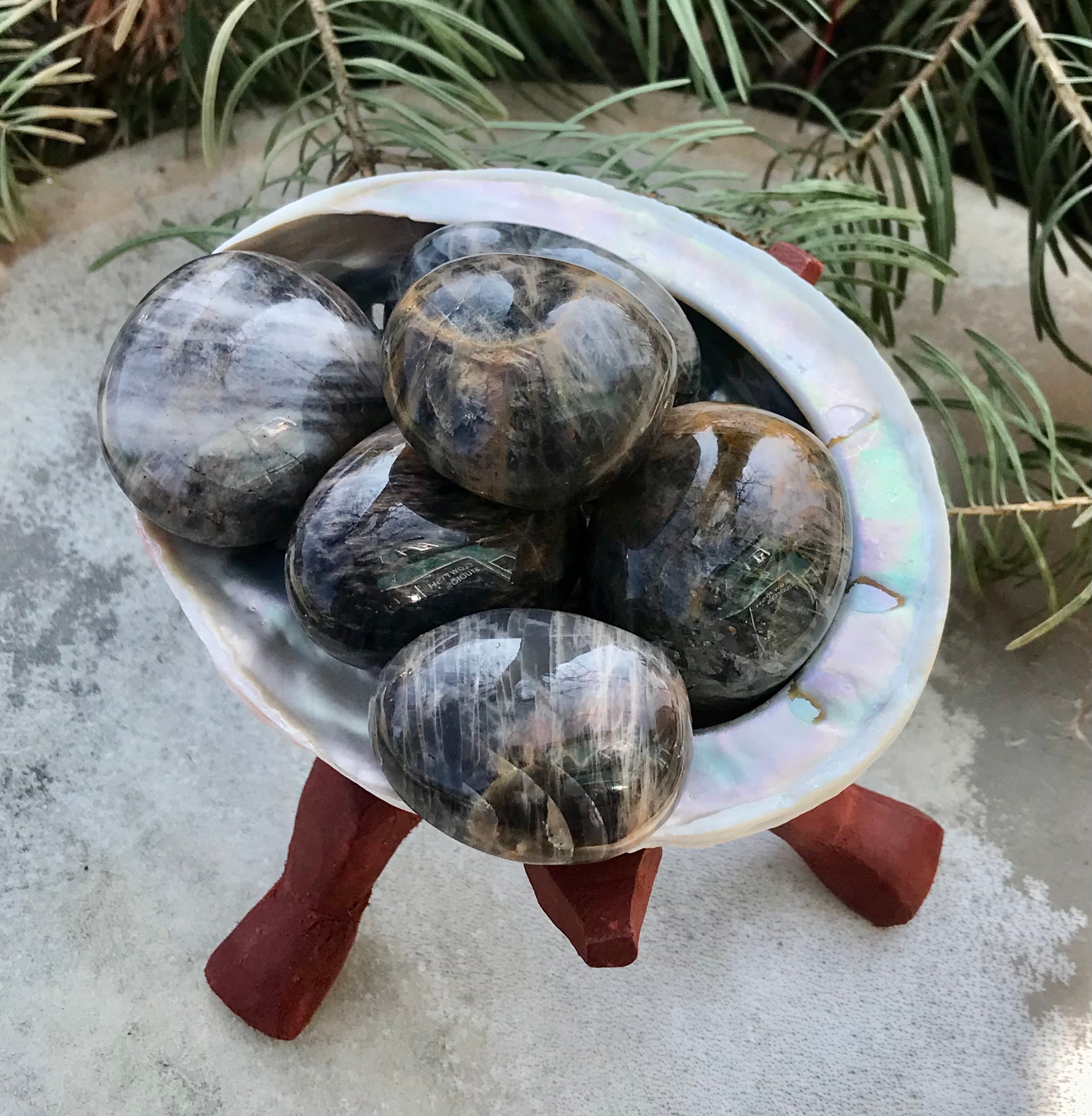 Black Moonstone Tumbled Palm Stone for healing and new beginnings