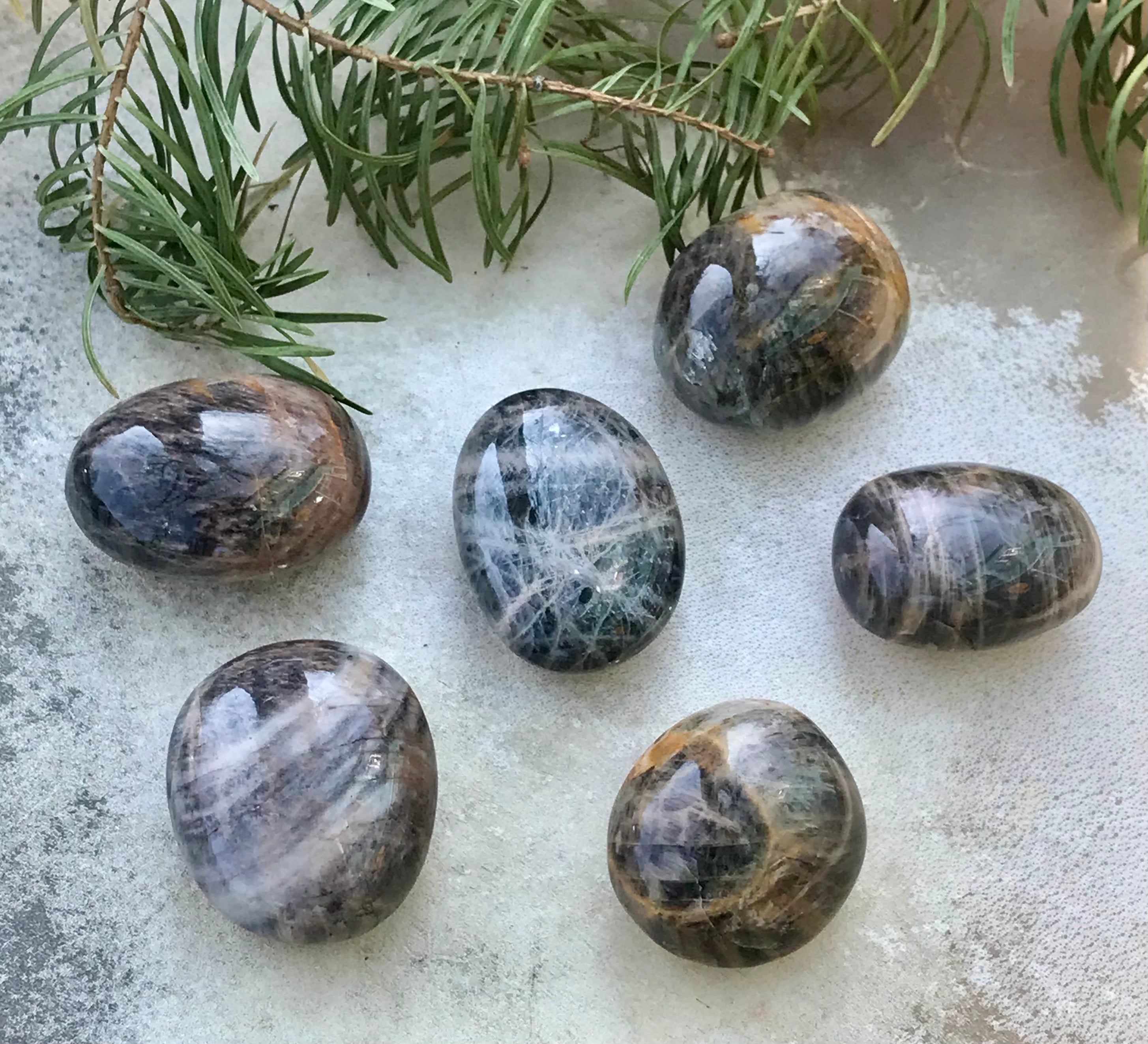 Black Moonstone Tumbled Palm Stone for healing and new beginnings