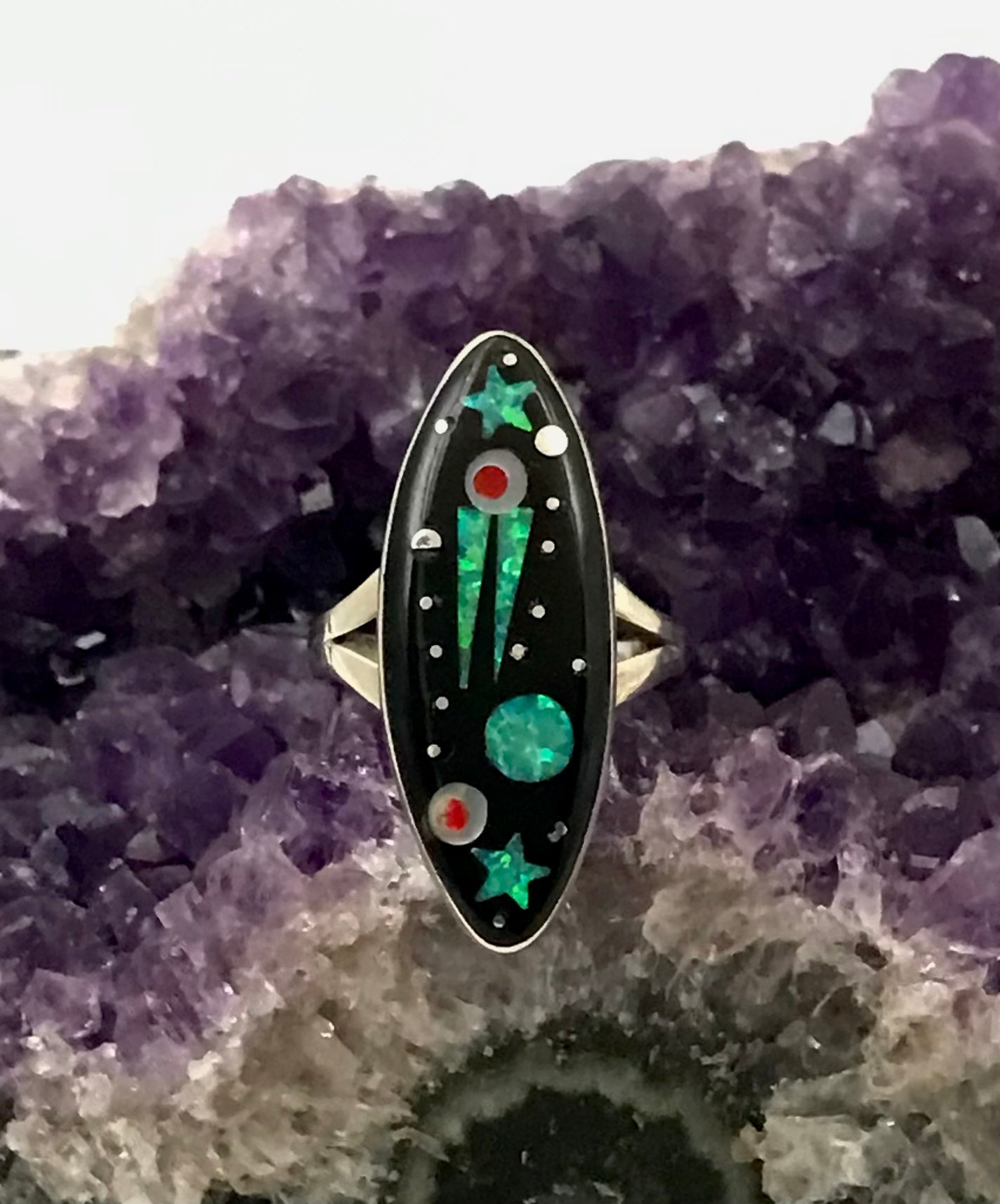 Cosmic Inlaid w/Opal and Abalone Sterling Silver Ring size 6