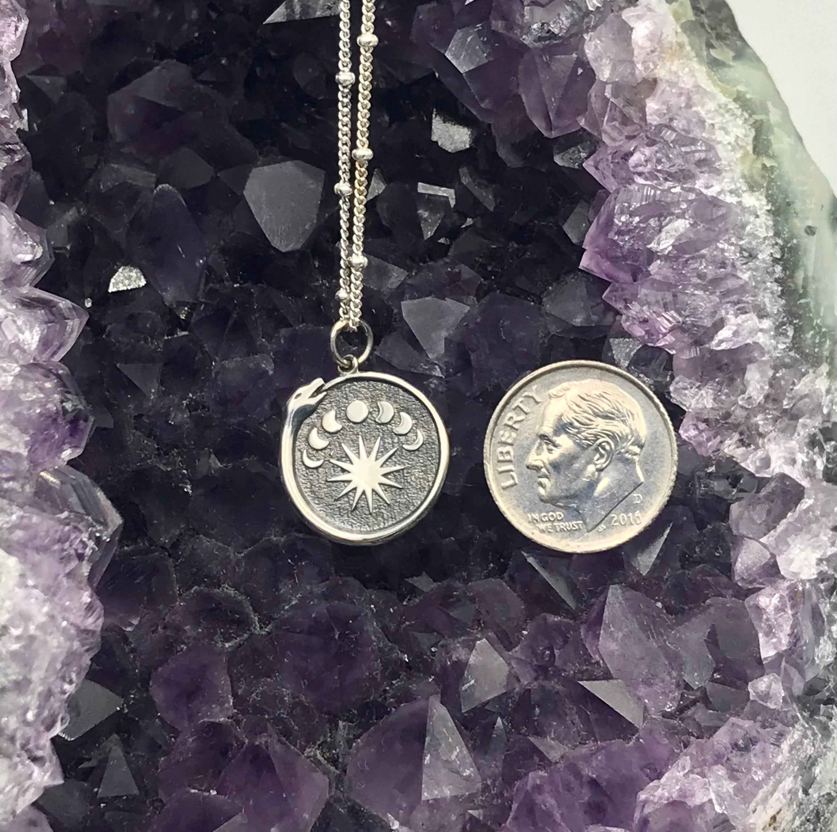 Full Moon Phases with Ouraboras Sterling Silver Pendant and chain
